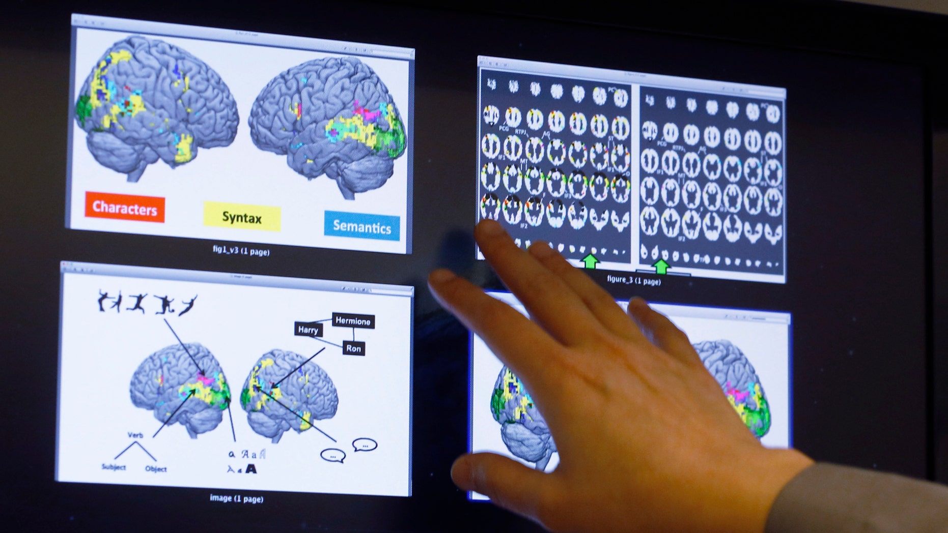 Nov. 26, 2014: Leila Wehbe, a Ph.D. student at Carnegie Mellon University in Pittsburgh, displays images that used brain scans made from volunteers in a recent experiment while in her office. Images show a combination of data and graphics compiled as each word of a chapter of"Harry Potter and the Sorcerer's Stone"was flashed for half a second onto a screen inside a brain-scanning MRI machine.