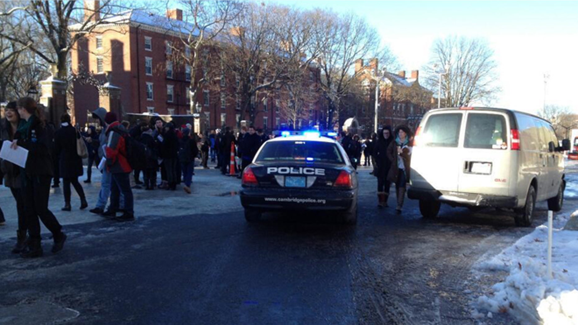 Dec. 16, 2013: Students are seen at Harvard University after being evacuated over unconfirmed reports of explosives.
