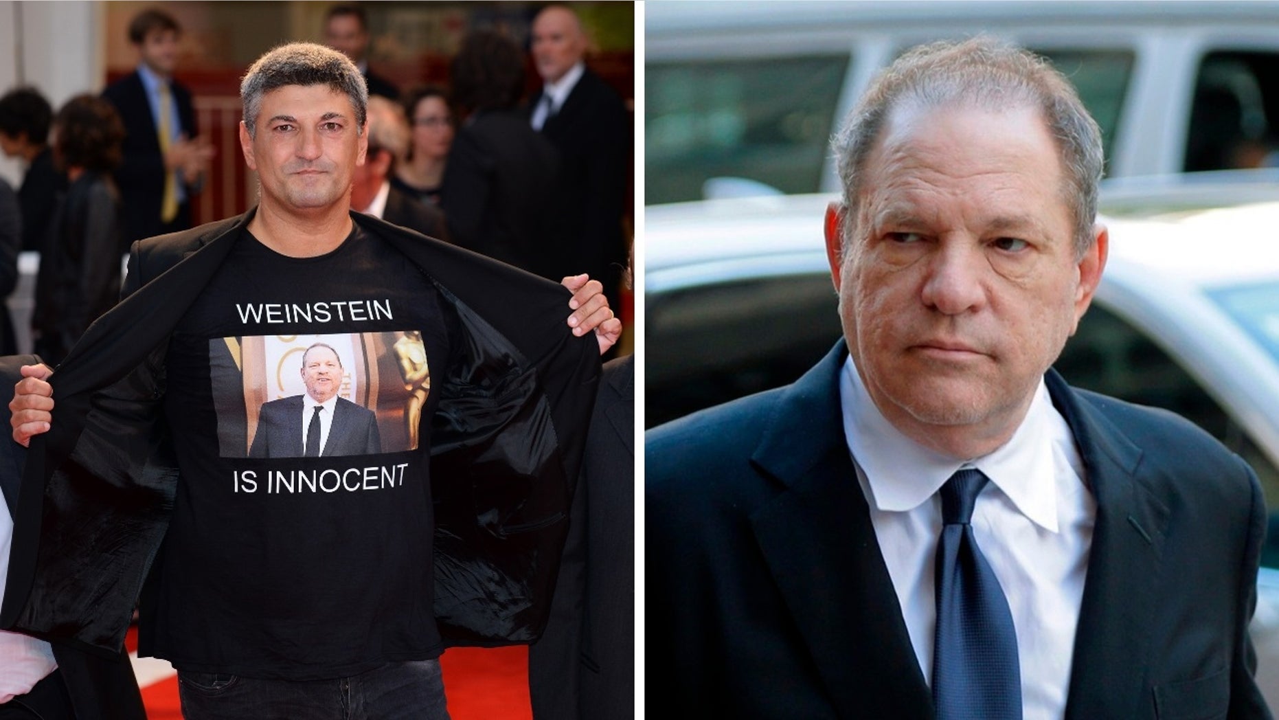 Italian director Luciano Silighini Garagnani, left, wore a “Weinstein is innocent” shirt at a film premiere Saturday. Harvey Weinstein, right, is accused of several sex assaults.