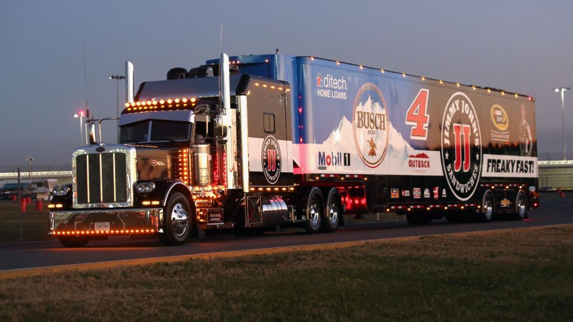 DAYTONA BEACH, FL - FEBRUARY 11: The hauler of Kevin Harvick (not pictured), driver of the #4 Busch Beer/Jimmy John's Chevrolet, arrives at Daytona International Speedway on February 11, 2016 in Daytona Beach, Florida. (Photo by Sarah Crabill/NASCAR via Getty Images)