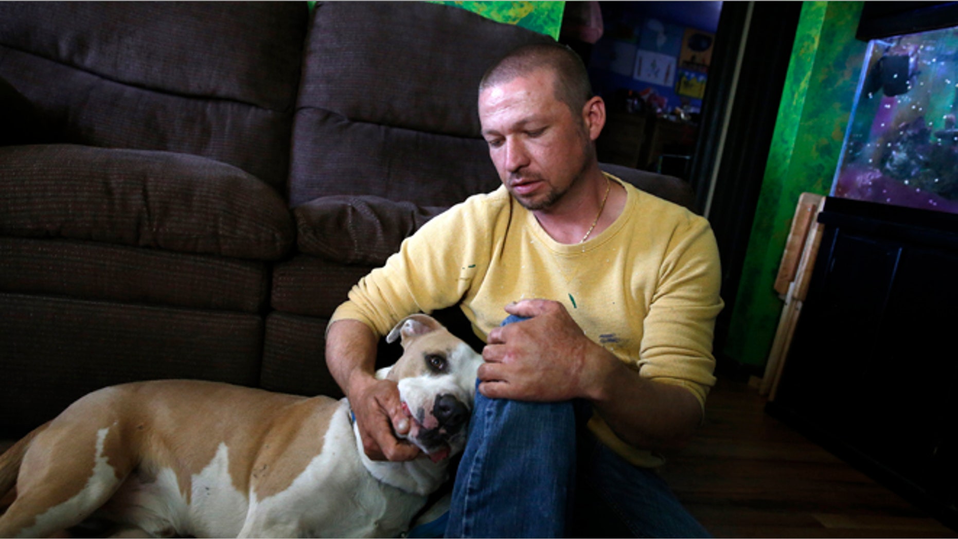 Wayne Winkler, who suffered burns to 12 percent of his body when butane fumes ignited while he was making hash oil at home, pets his dog Bailey, in his living room, in Denver, May 1, 2014. Winkler agreed to talk to The Associated Press to send a message that making hash oil at home is highly dangerous. Since marijuana became legal on Jan. 1, the state has seen nearly three dozen explosions caused by people making pot concentrates at home, and authorities are grappling with what to do about it. (AP/Brennan Linsley)