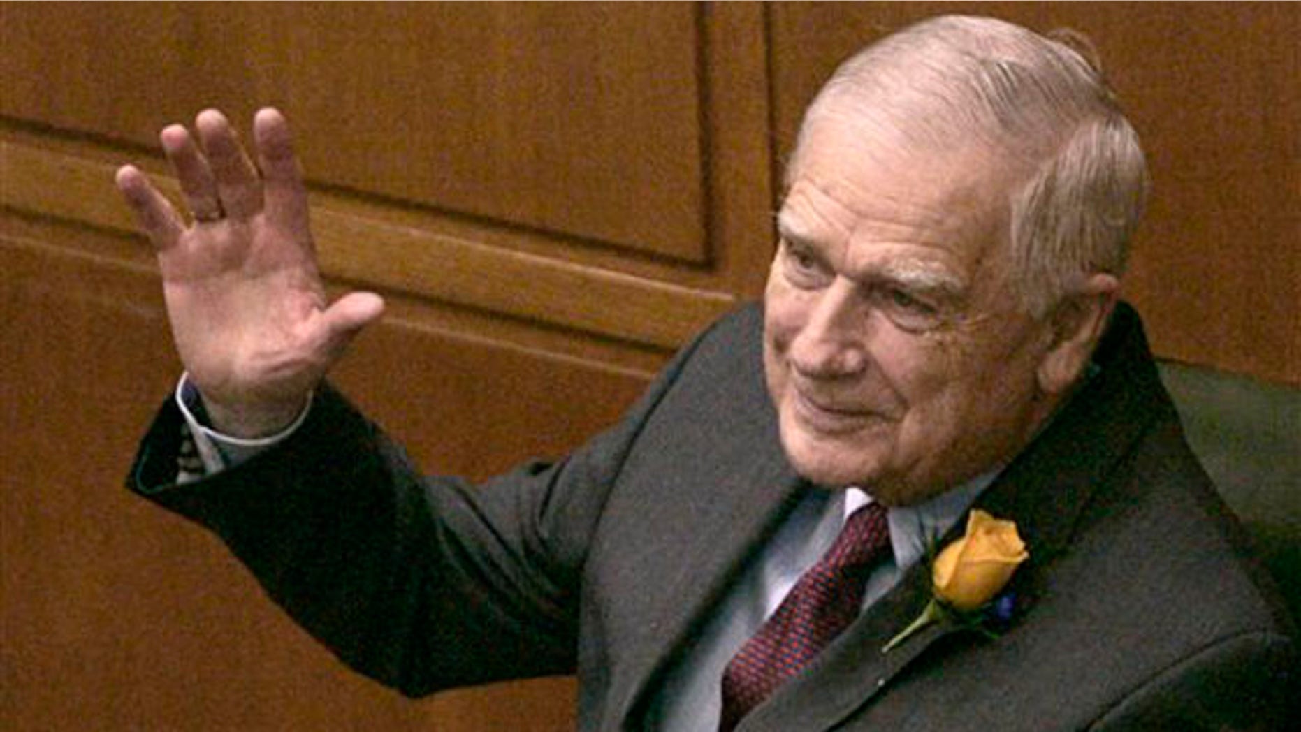 In this Jan. 8, 2007 file photo, former Oregon Sen. Mark Hatfield waves to members of the state House as the 2007 Oregon legislative session opens at the Capitol in Salem, Ore.