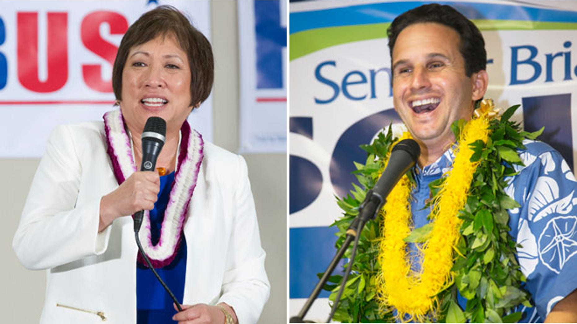 In these Aug. 9, 2014 file photos, U.S. Rep. Colleen Hanabusa, Democrat, from Hawaii's 1st district, addresses her supporters at her campaign headquarters and U.S. Sen. Brian Schatz speaks to supporters at his campaign headquarters in Honolulu.