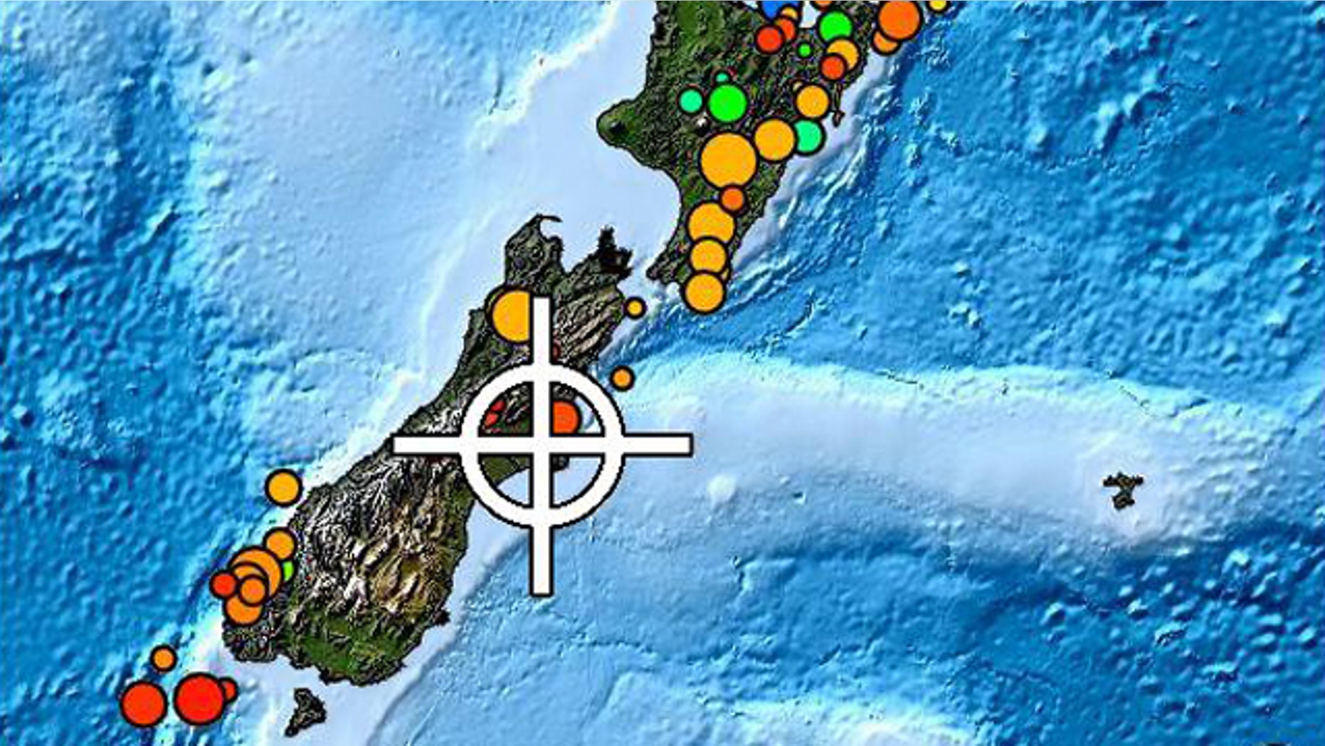 Dots indicate recent earthquakes in New Zealand, with colors and sizes showing the depth and magnitude of each.