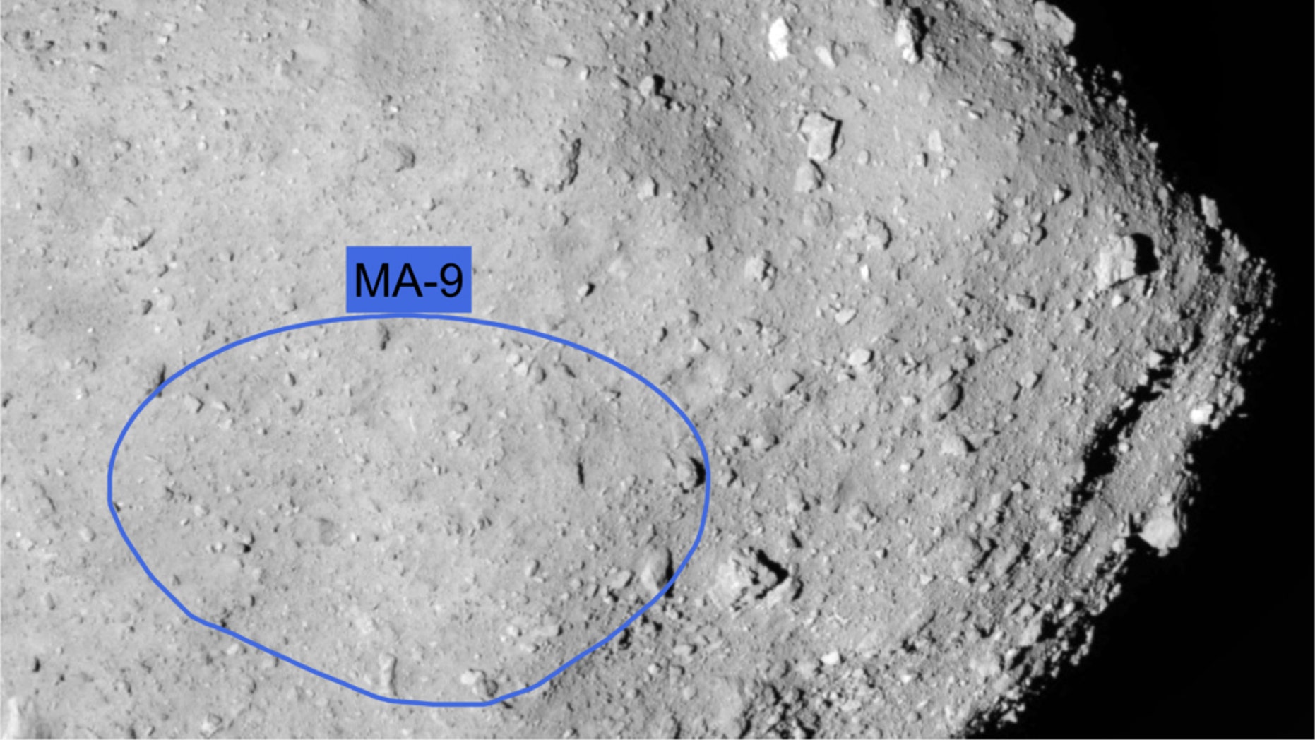 The MA-9 site on the asteroid Ryugu, where the Hayabusa2 spacecraft's MASCOT lander will touch down on Oct. 3, 2018.