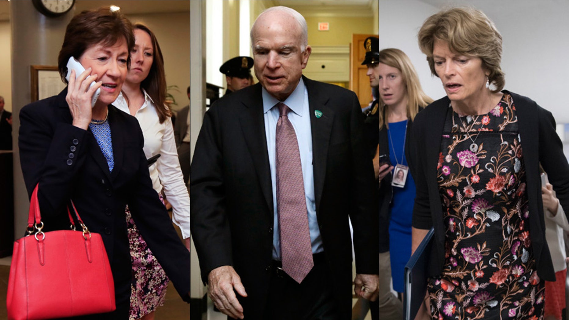 Sens. Susan Collins, left; John McCain, center; and Lisa Murkowski, R-Alaska, are considered critical to the fate of the latest GOP health care bill.