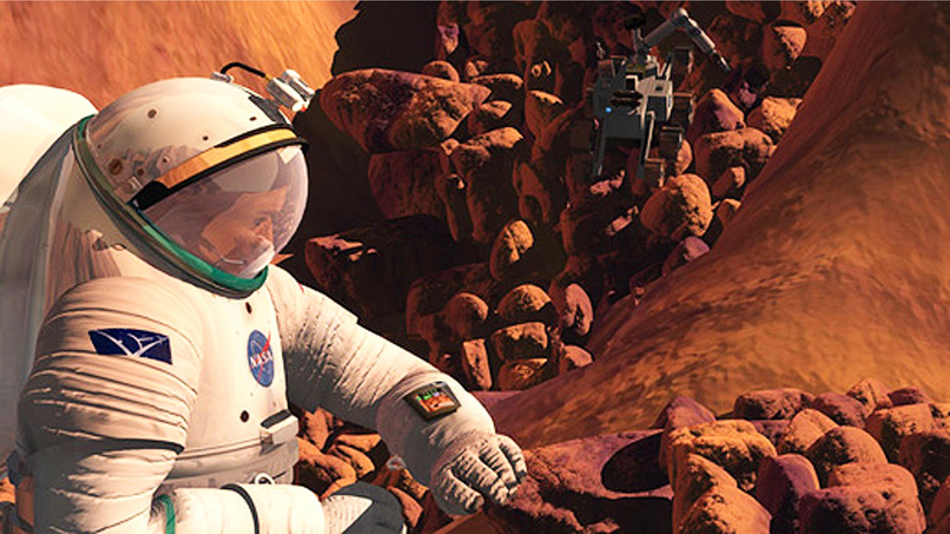 In this artist's concept of the future, an astronaut gathers samples on the surface of Mars, while a robotic explorer stands by to help.