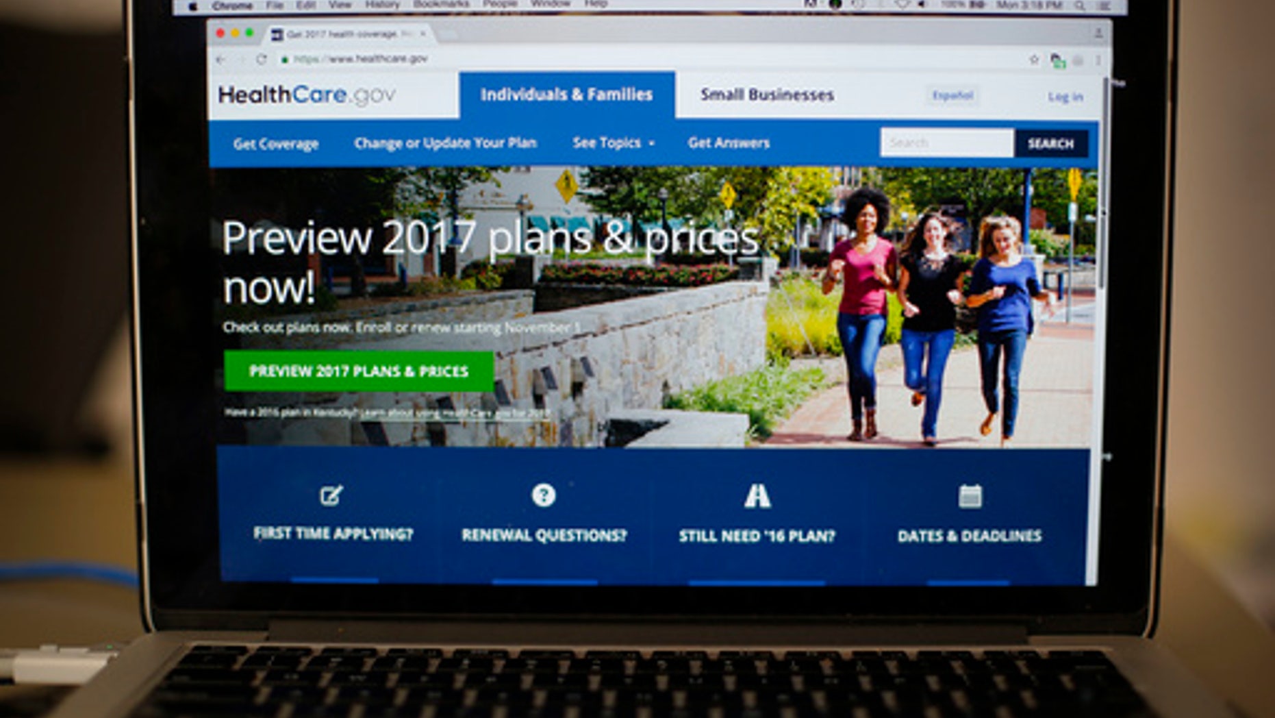 FILE - In this Oct. 24, 2016 file photo, the HealthCare.gov 2017 web site home page is seen on a laptop in Washington.