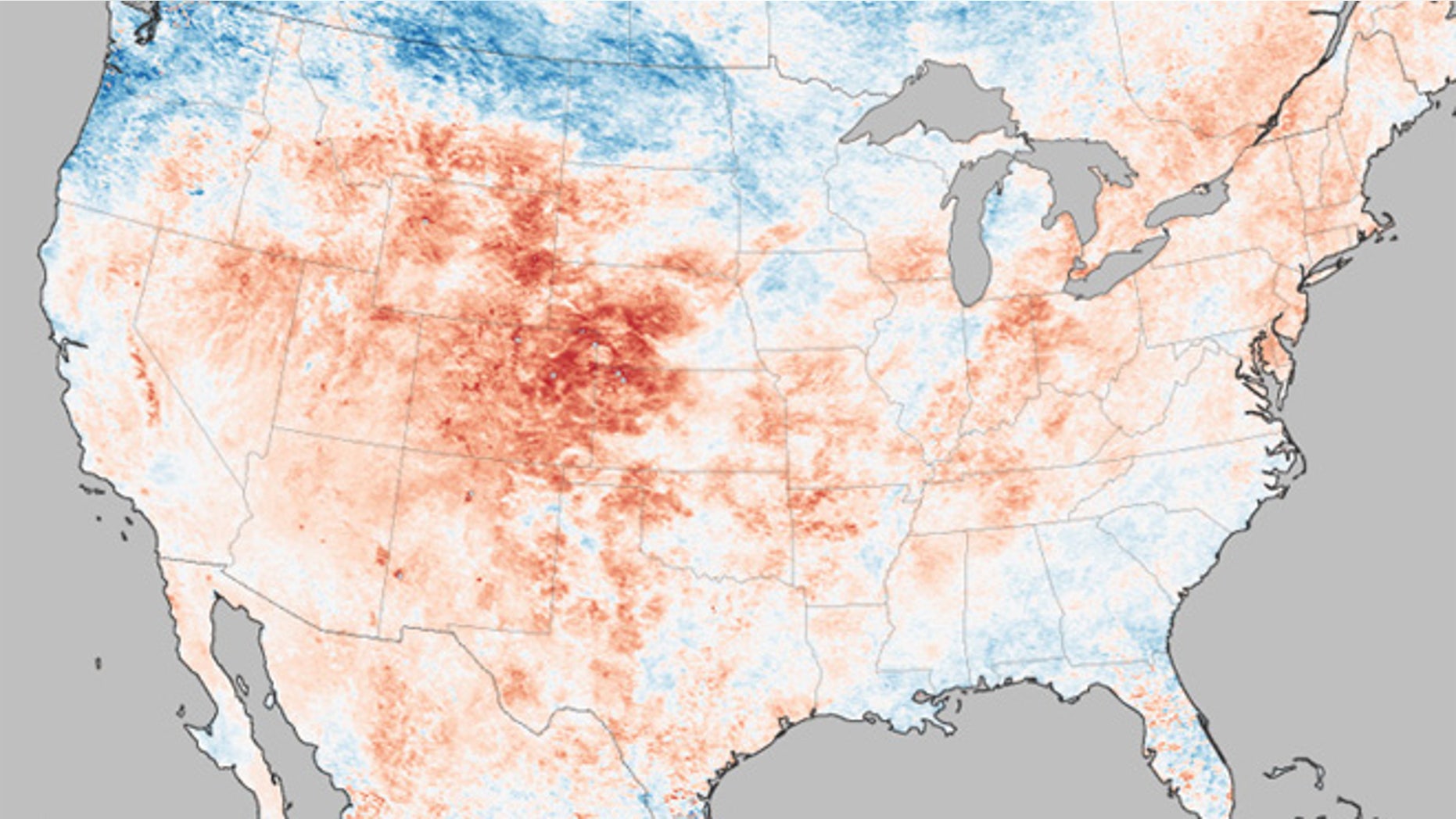 This map shows the heat wave currently sweeping across the United States with temperatures taken by a NASA satellite on June 26, 2012.