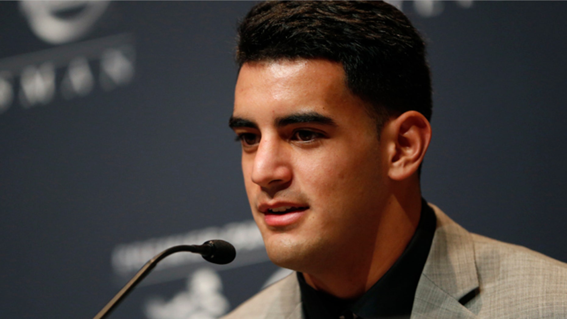 Dec. 13, 2014: Oregon quarterback Marcus Mariota talks during a news conference prior to the announcement of the Heisman Trophy winner in New York. (AP)