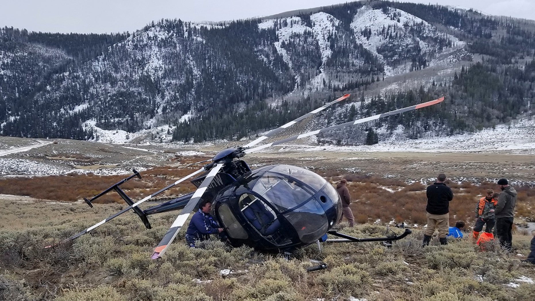 FILE Feb. 12, 2018: A research helicopter was brought down by a leaping elk in the mountains of eastern Utah. Wasatch County authorities say the elk jumped into the chopper's tail rotor as the craft flew low, trying to capture the animal with a net. The two people on board weren't seriously hurt, but wildlife officials say the elk died of its injuries. The state-contracted Australian crew had been trying to capture and sedate the elk so they could collar it and research its movements about 90 miles east of Salt Lake City.