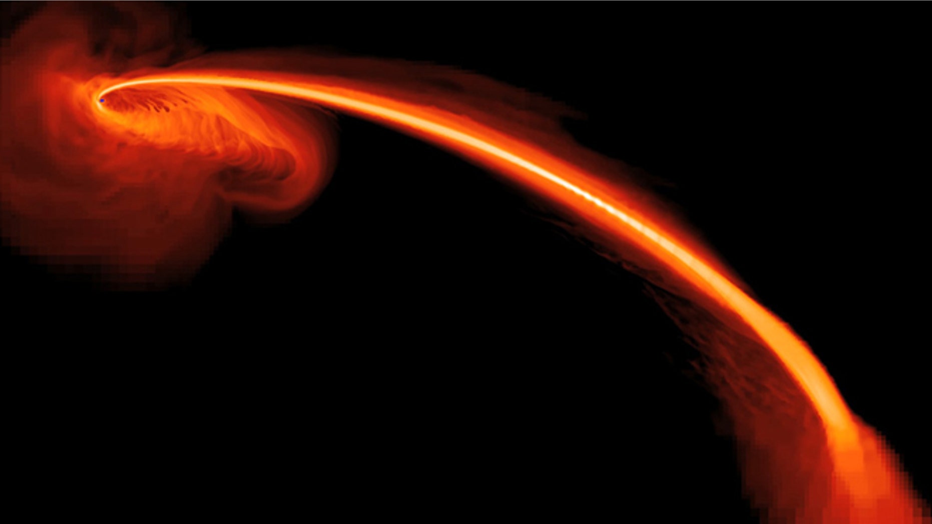 This computer-simulated image shows gas from a tidally shredded star falling into a black hole. Some of the gas also is being ejected at high speeds into space. The light comes from gas falling into the black hole, and glowing helium from the star's helium-rich gas expelled from the system.