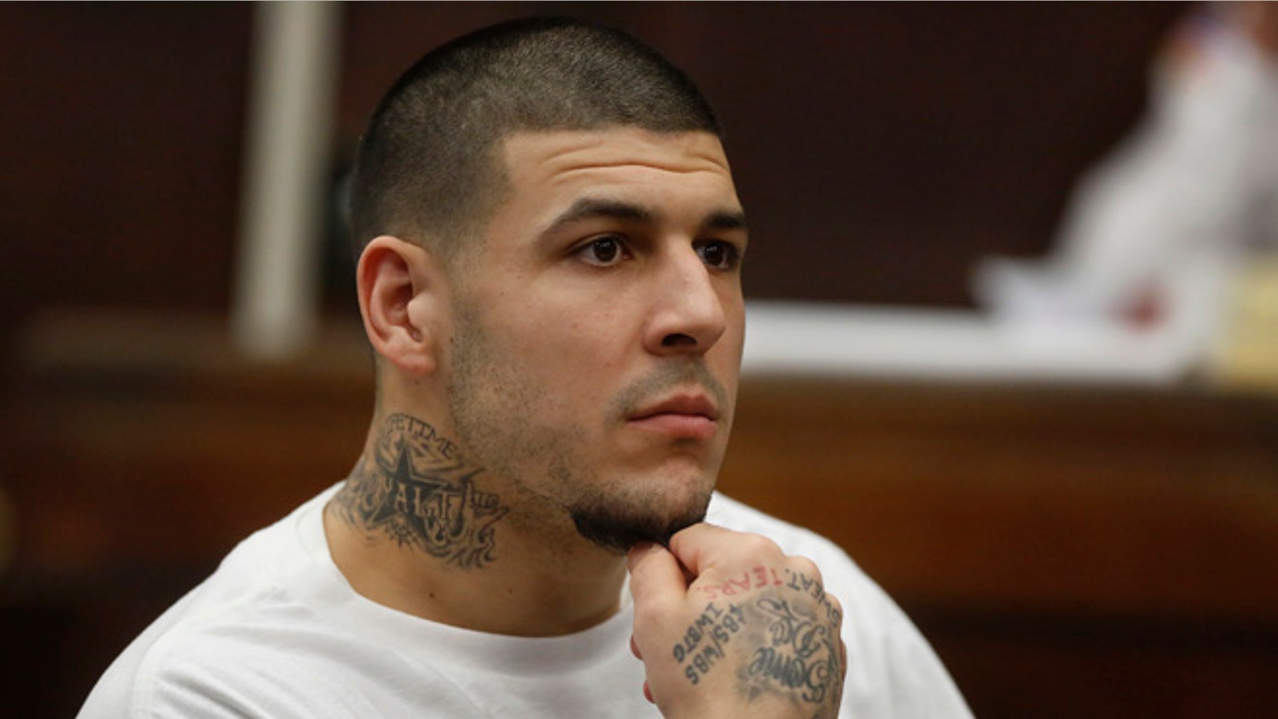 Former New England Patriots NFL football player Aaron Hernandez in a 2015 file photo.