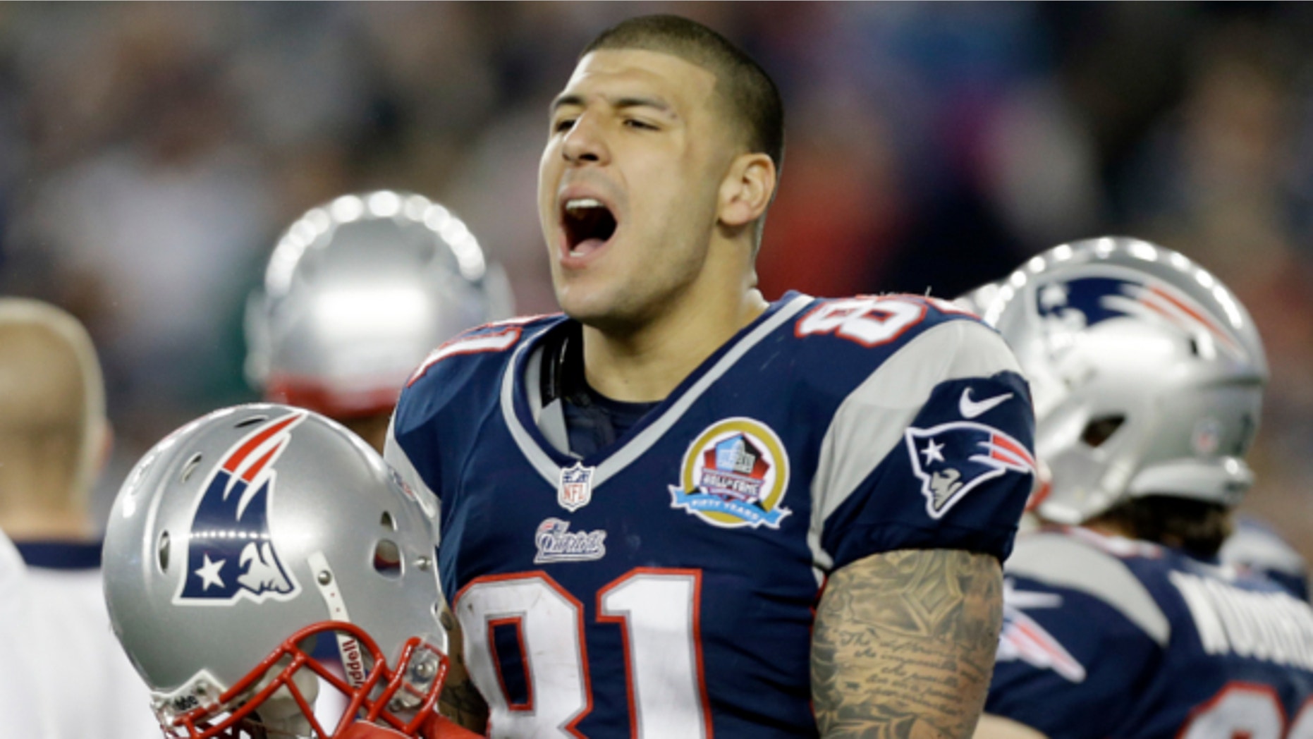 Dec. 10, 2012: New England Patriots tight end Aaron Hernandez reacts during the second quarter of an NFL football game against the Houston Texans in Foxborough, Mass.