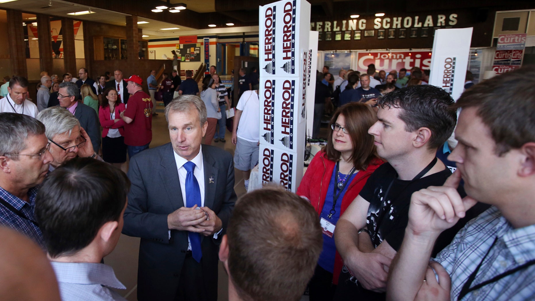 Former Utah lawmaker Chris Herrod, speaks with delegates before start of a 2017 special convention Saturday, June 17, 2017 in Provo, Utah