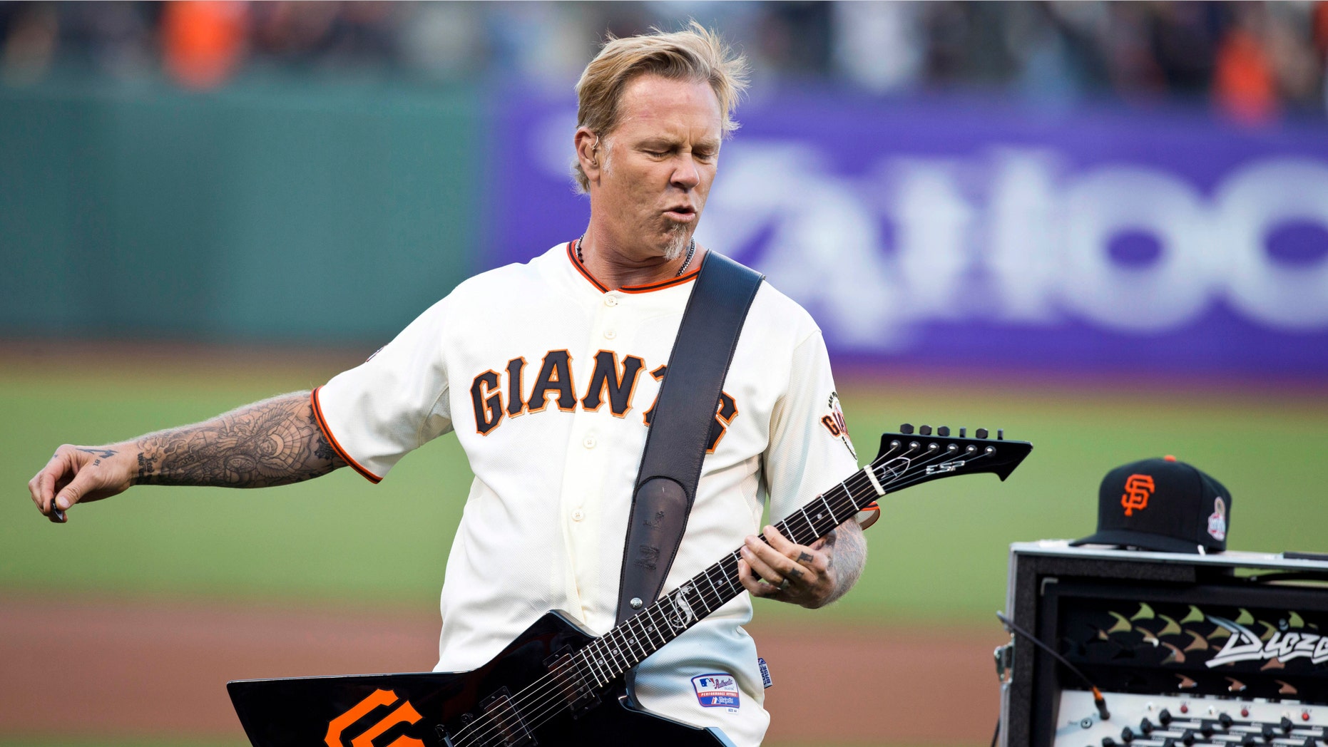 James Hetfield of Metallica performs the national anthem before the game between the SF Giants and the LA Dodgers on May 3, 2013 in San Francisco, California.