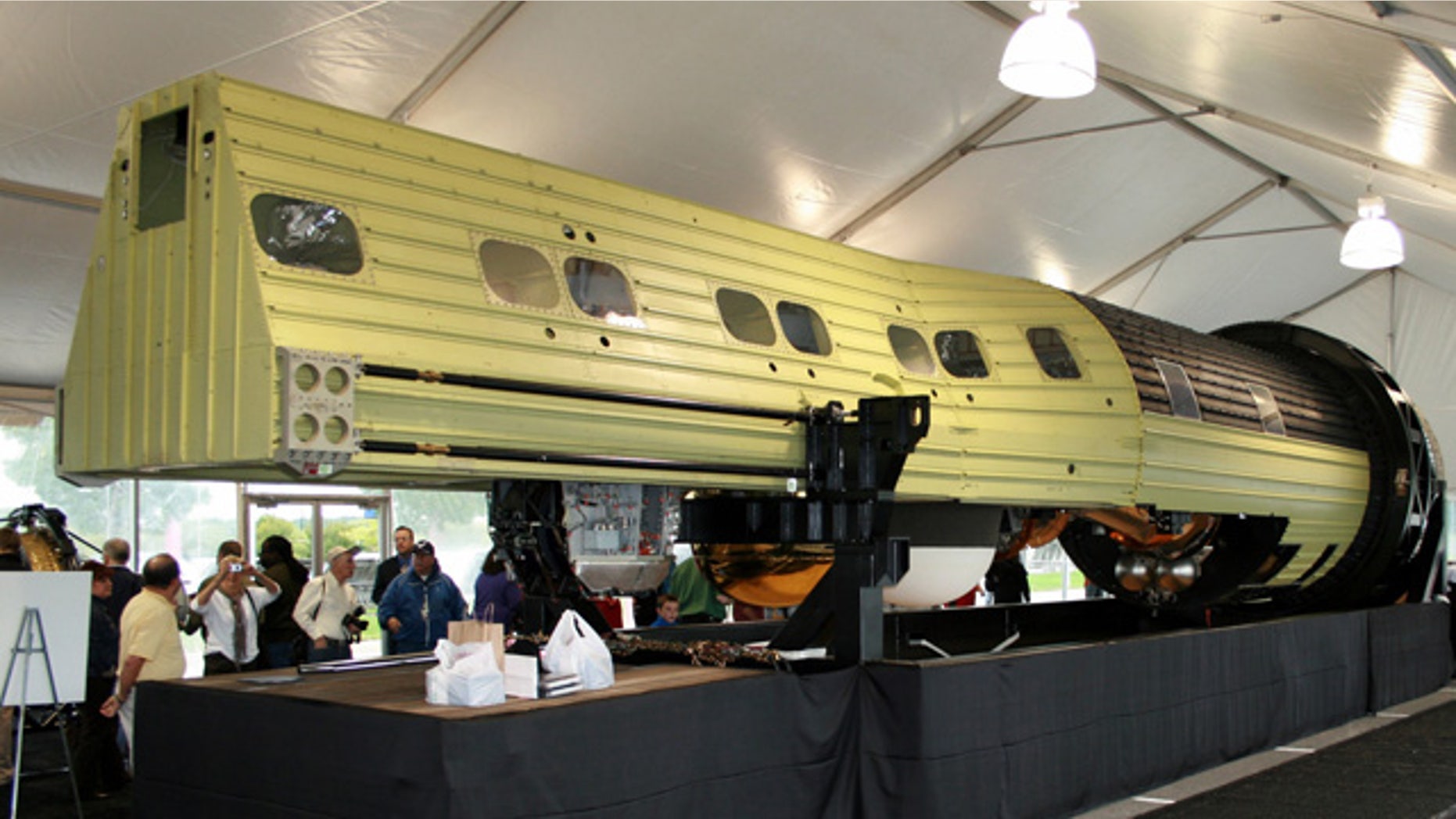 The massive KH-9 Hexagon spy satellite on display at the Smithsonian National Air & Space Museum's Udvar-Hazy Center, after being declassified on Sept. 17, 2011. Longer than a school bus at 60 feet in length and weighing 30,000 pounds at launch, 20 KH-9 Hexagons were launched by the National Reconnaissance Office between 1971 and 1986.