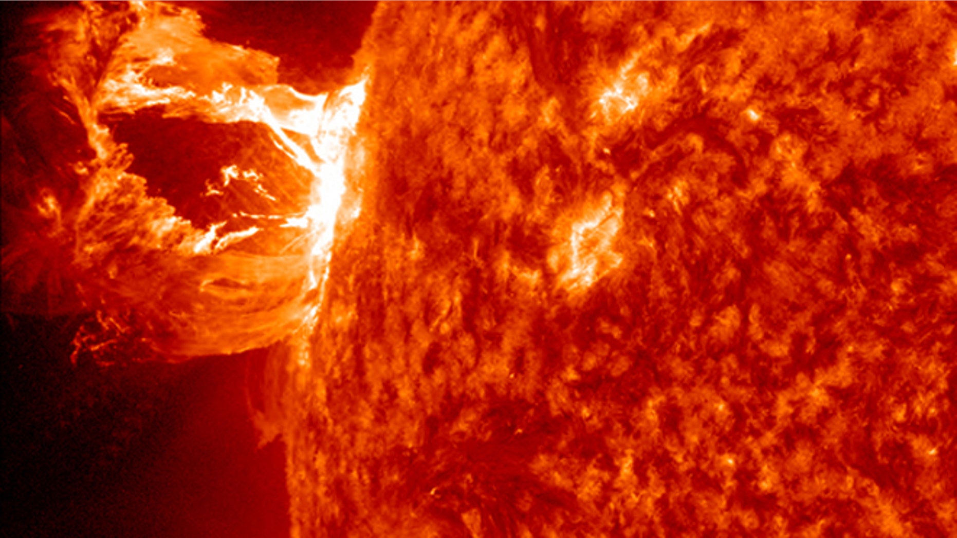Apr. 16, 2012: A beautiful prominence eruption shot off the east limb (left side) of the sun on Monday. This view of the flare was recorded by NASA's Solar Dynamics Observatory.