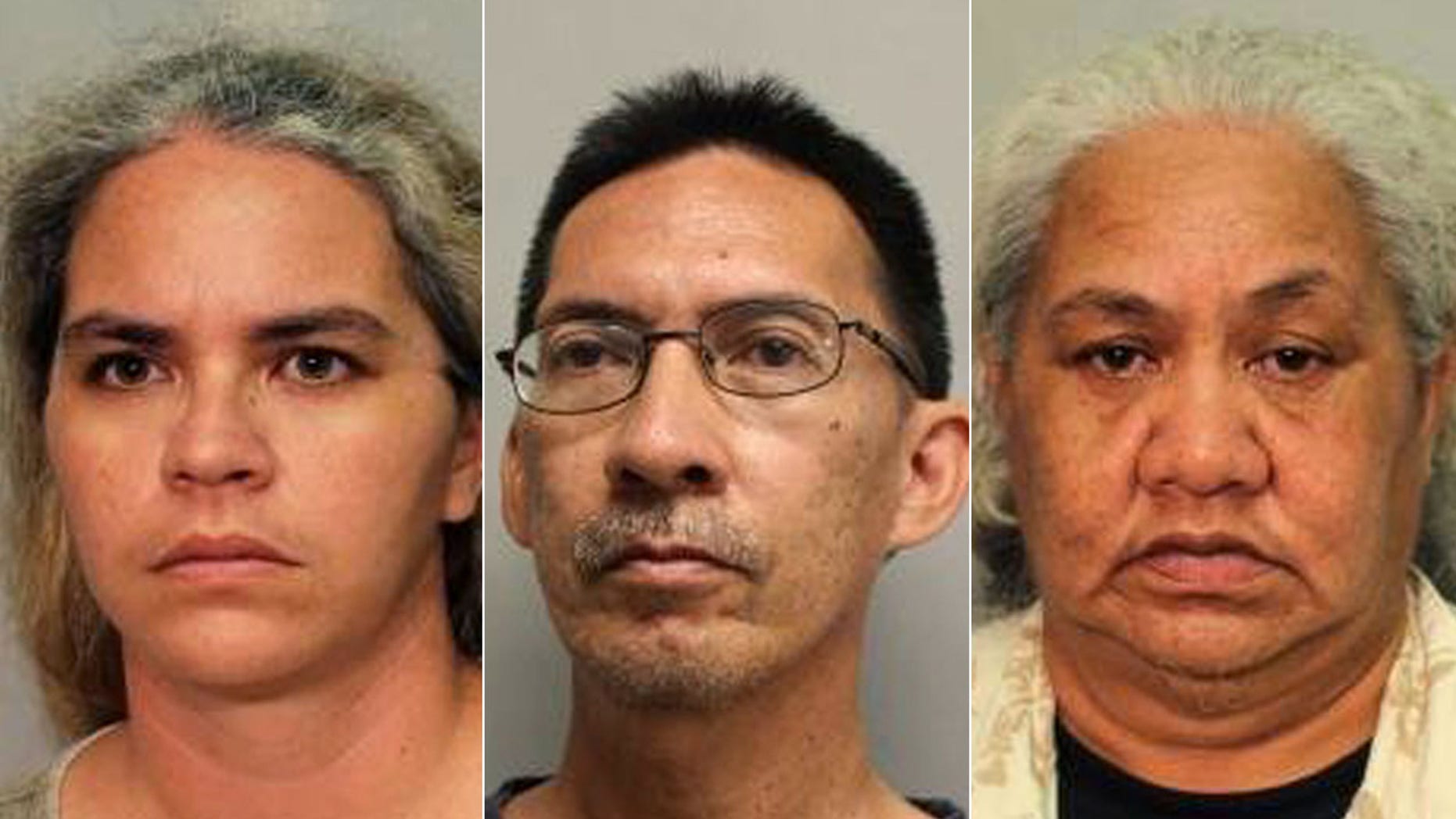 This booking photo released by Hawai'i Police Department shows Tiffany Stone (left), Kevin Lehano (center) and Henrietta Stone (right) on Friday, July 14, 2017, on Hawaii's Big Island.