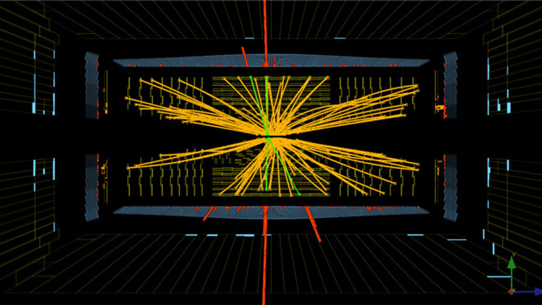 Real CMS proton-proton collisions events at the Large Hadron Collider in which 4 high energy electrons (red towers) are observed. The event shows characteristics expected from the decay of a Higgs boson but is also consistent with background Standard Model physics processes.