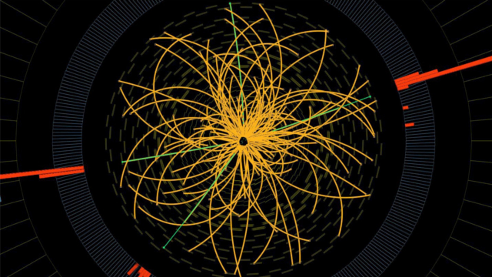 This 2011 image provide by CERN, shows a real CMS proton-proton collision in which four high energy electrons (green lines and red towers) are observed in a 2011 event.