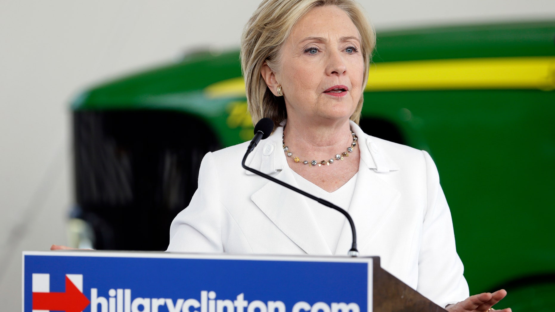 FILE - Democratic presidential candidate Hillary Clinton speaks about rural issues at the Des Moines Area Community College in Ankeny, Iowa.