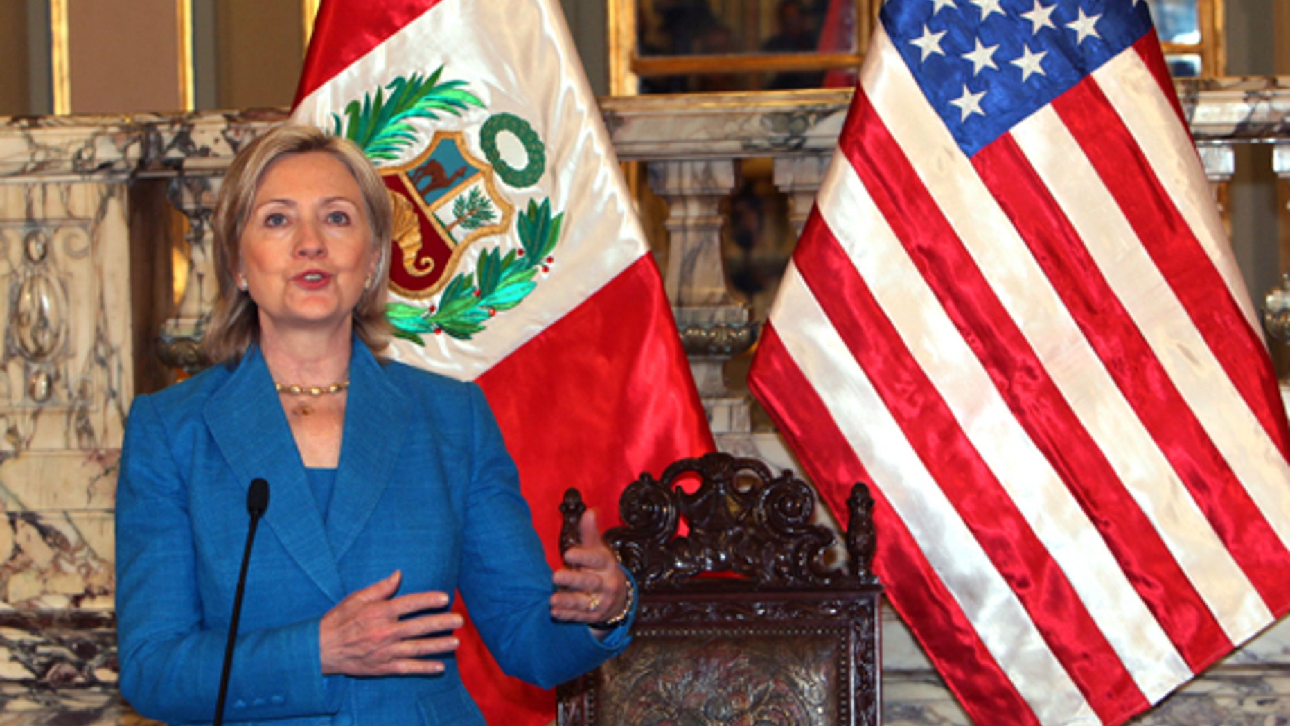 Secretary of State Hillary Rodham Clinton talks to reporters after a meeting with Peru's President Alan Garcia at the presidential palace in Lima, Monday, June 7, 2010. (AP)