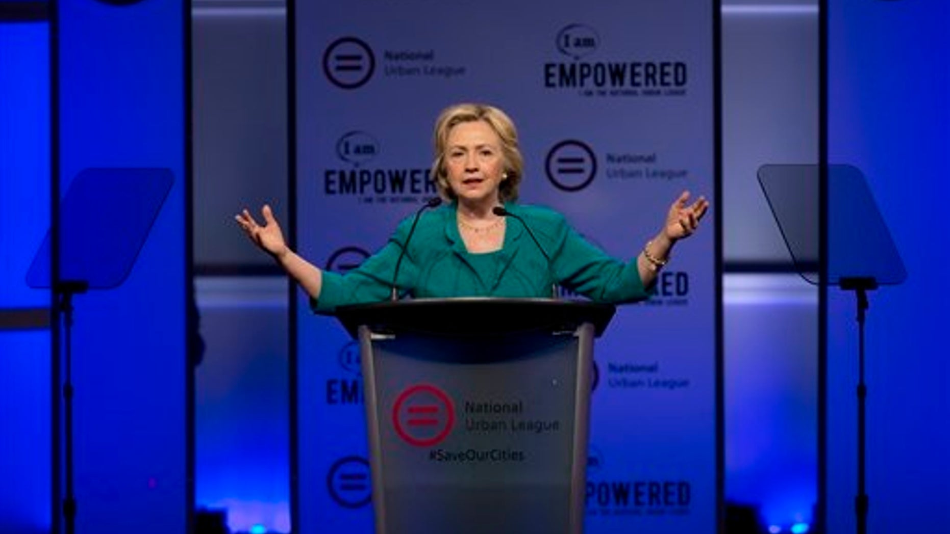 Democratic presidential candidate Hillary Rodham Clinton speaks before the National Urban League, Friday, July 31, 2015, in Fort Lauderdale, Fla. (AP Photo/Wilfredo Lee)