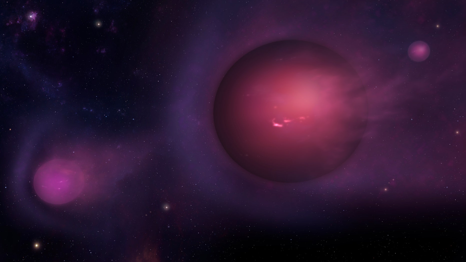 This artist's conception portrays a collection of planet-mass objects that have been flung out of the galactic center at speeds of 20 million miles per hour