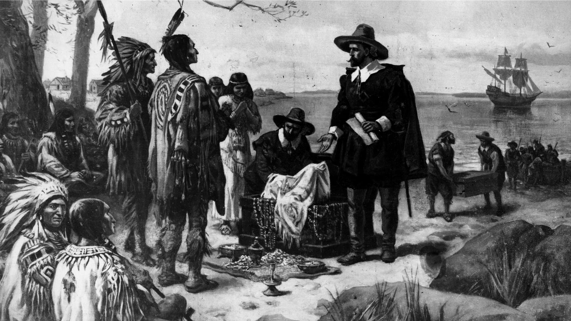 6th May 1626, Dutch colonial officer Peter Minuit (1580 - 1638) purchases Manhattan Island from Man-a-hat-a Native Americans, for trinkets valued at $24. Juan Rodriguez, not pictured here, was the first non-Indian to arrive in New York. Original Artist: By Alfred Fredericks (Photo by Three Lions/Getty Images)