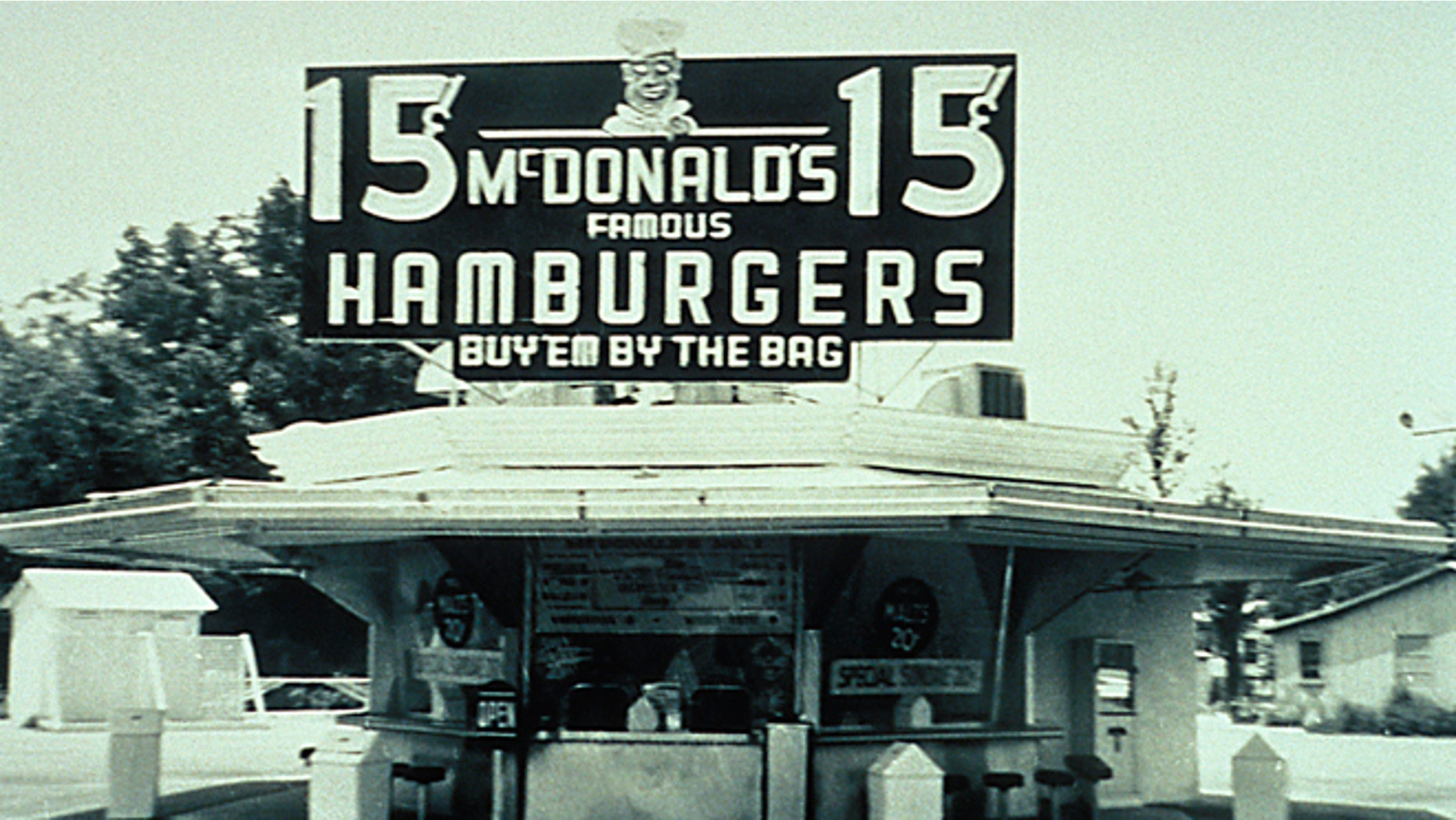 McDonald Brother's store in San Bernadino, California with a 15-cent hamburger sign.