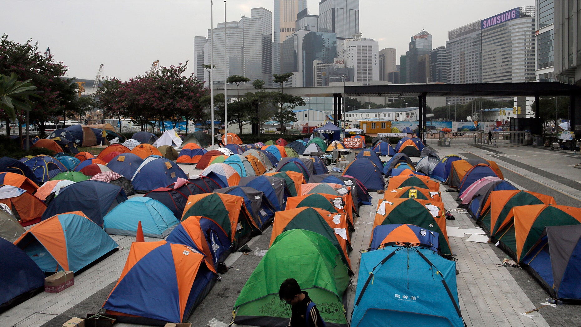Nov. 14, 2014: Tents set up by pro-democracy protesters are seen at an occupied area outside government headquarters in Hong Kong's Admiralty district in Hong Kong