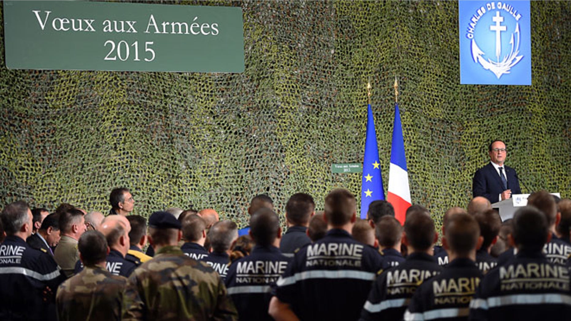 Jan. 14, 2015: French President Francois Hollande delivers a speech during his visit to the French nuclear aircraft carrier Charles de Gaulle to present his New Year wishes to the French military troops off the coast of Toulon, southern France. (AP)