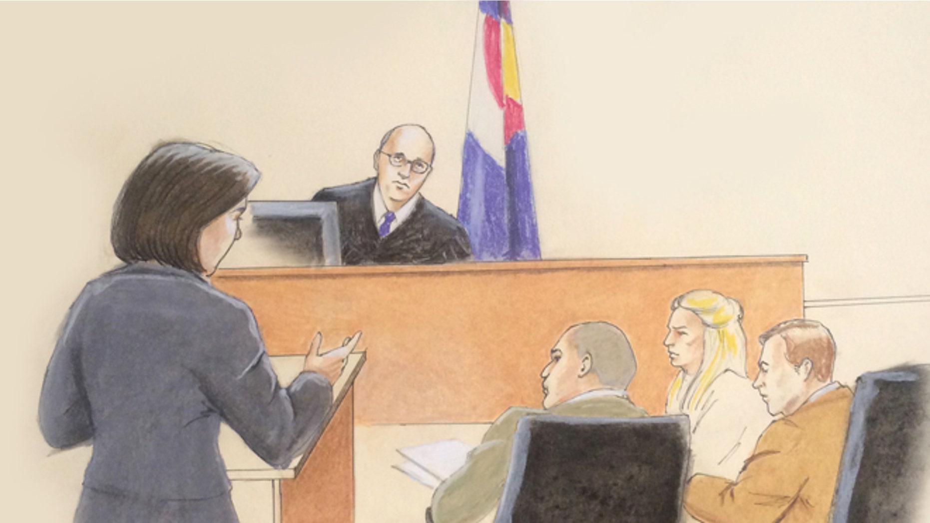 Jan. 20, 2015: In this sketch by courtroom artist Jeff Kandyba, Judge Carlos Samour, center top, is depicted as he faces members of the defense and prosecution teams in court on the first day of jury selection in the trial of Aurora theater shooting defendant James Holmes, at the Arapahoe County Justice Center, in Centennial, Colo. (AP)