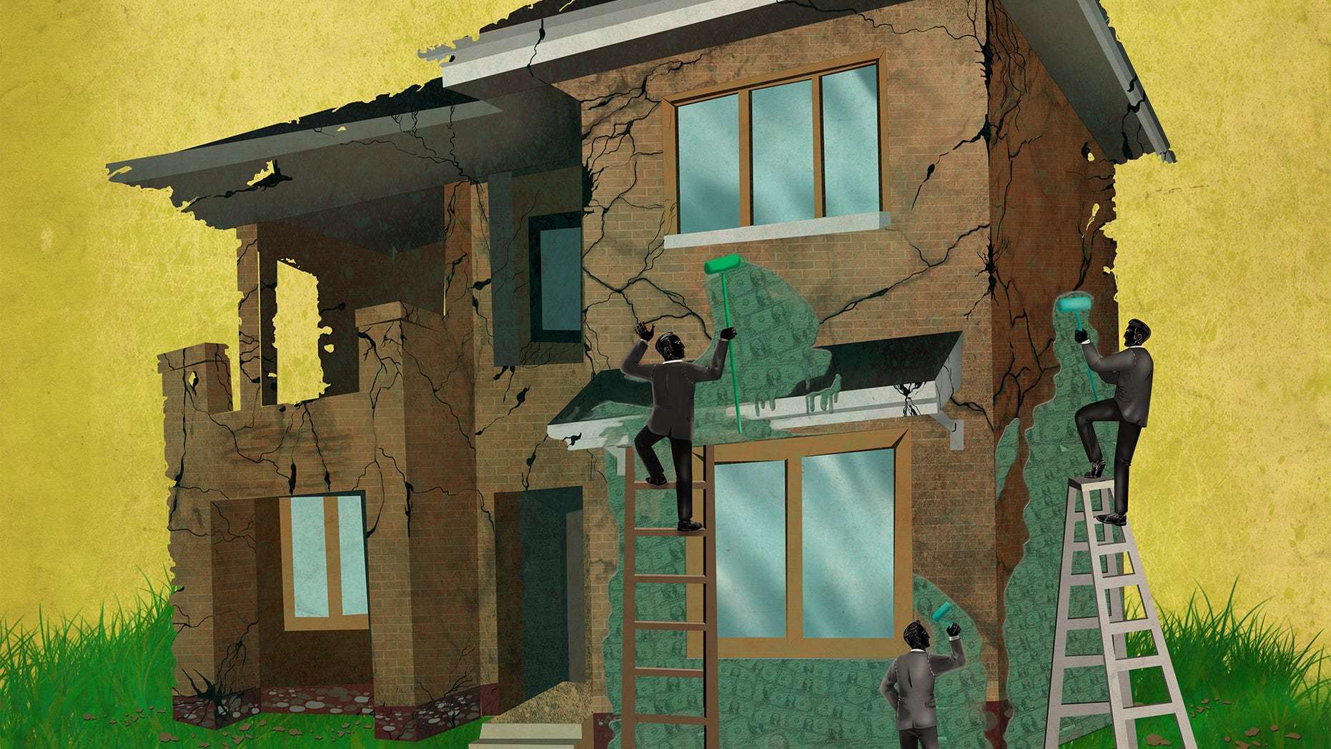 people covering cracked house with money representing home insurance