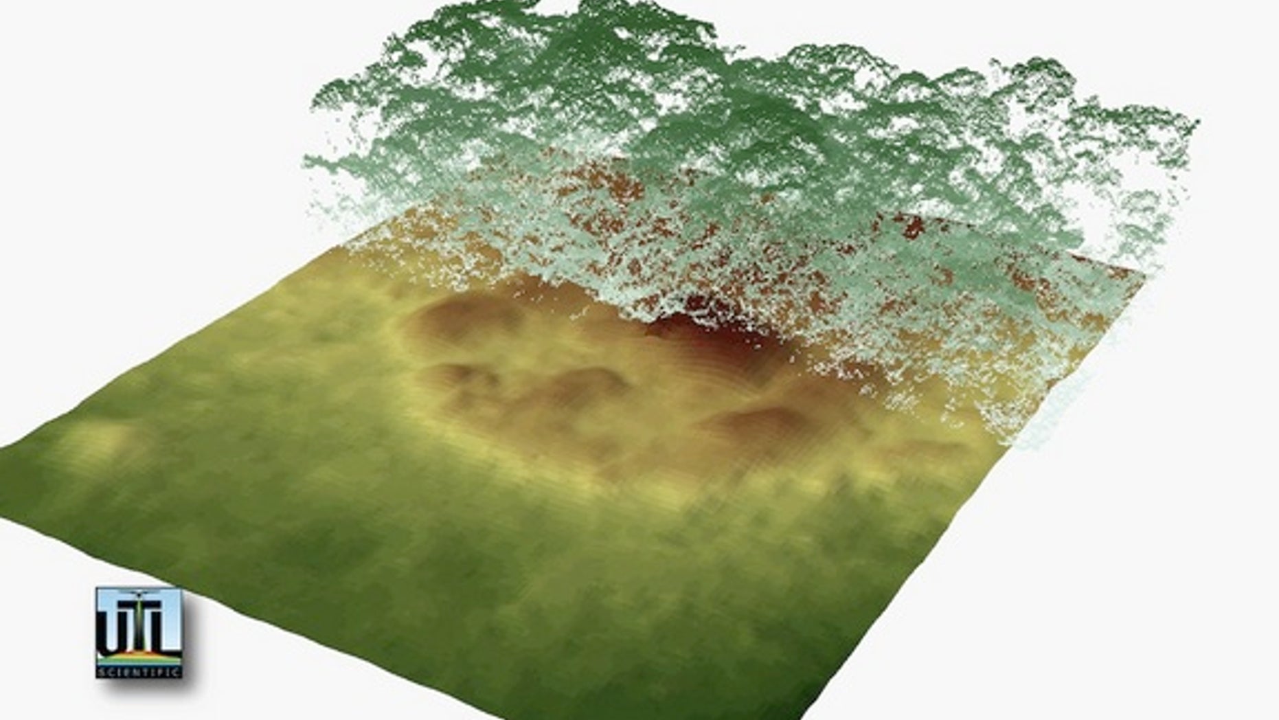 Lidar technology allows researchers to strip away the green forest canopy and reveals features beneath, including this mysterious mound that may be a sign of ancient civilization in the Honduras rainforest.