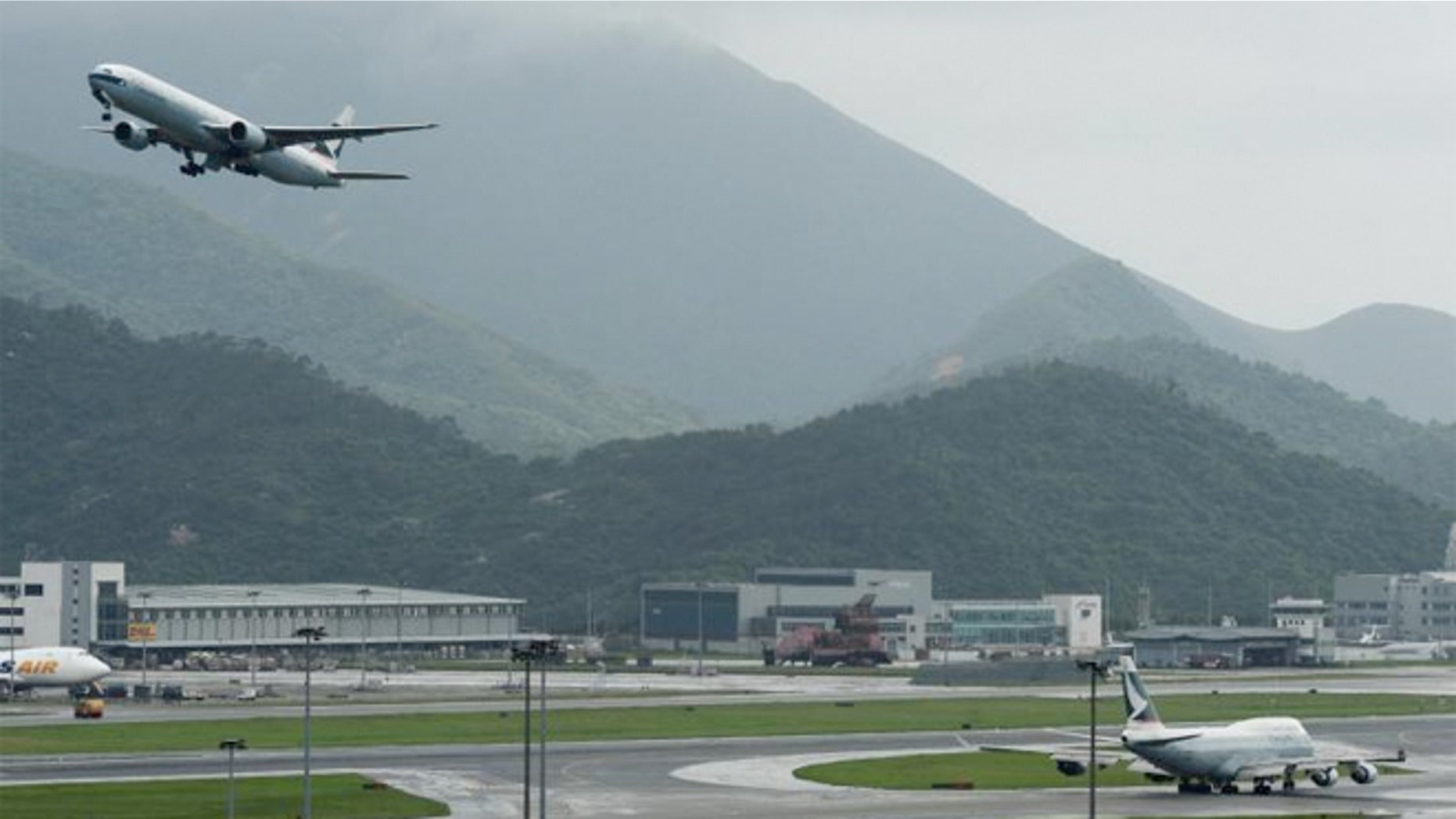 A plane takes off from Hong Kong's international airport.