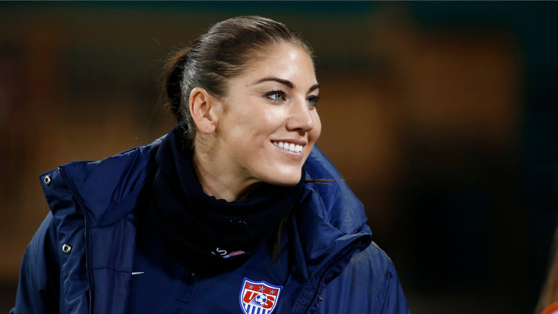 Oct. 20, 2014: U.S. goalkeeper Hope Solo stands on the sidelines before a CONCACAF soccer match against Haiti in Washington.