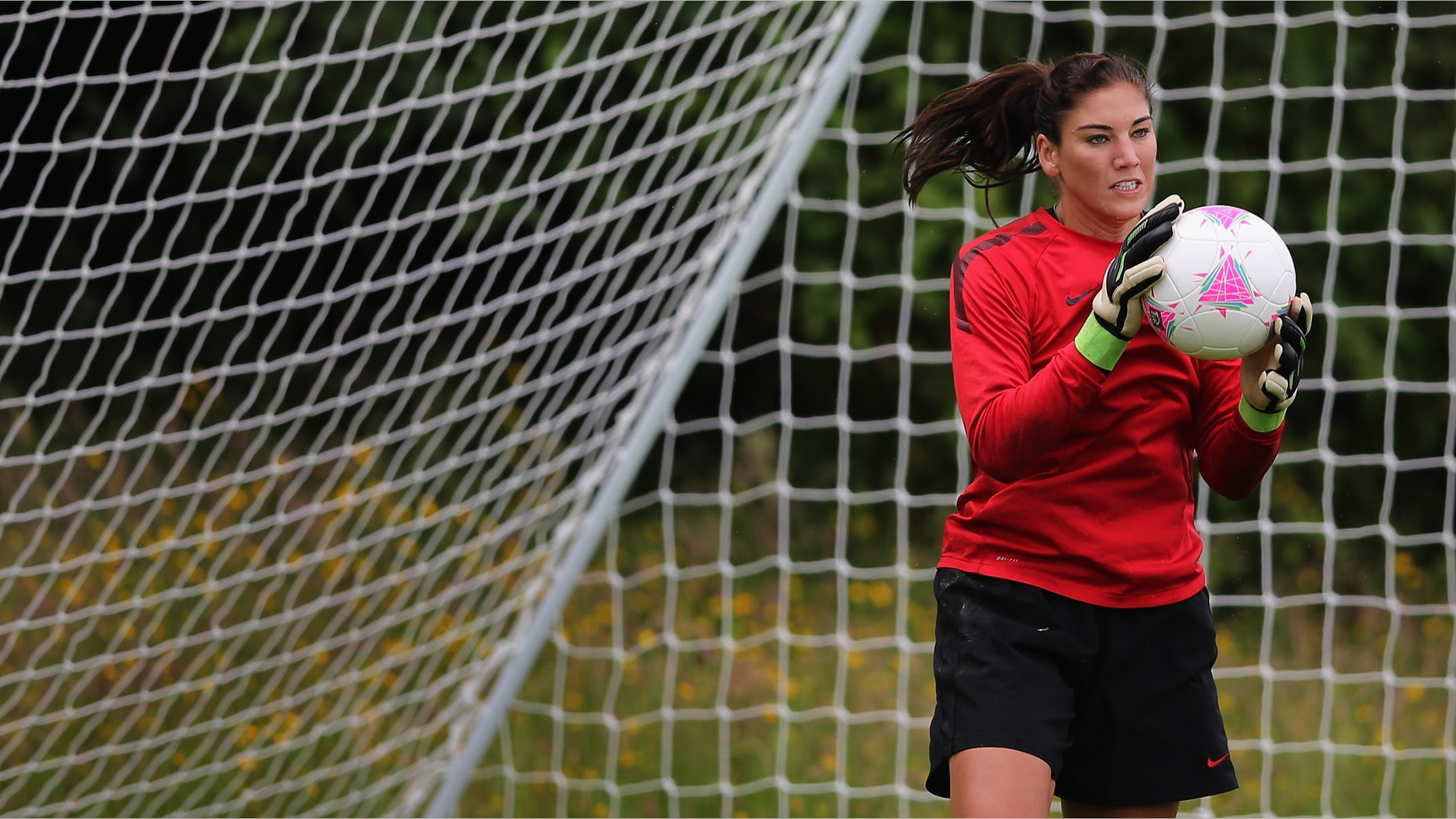 GLASGOW, SCOTLAND - JULY 19: Hope Solo goalkeeper of USA womens Olympic football team in action during a training session ahead of the Olympics on July 19, 2012 in Glasgow, Scotland. (Photo by Jeff J Mitchell/Getty Images)