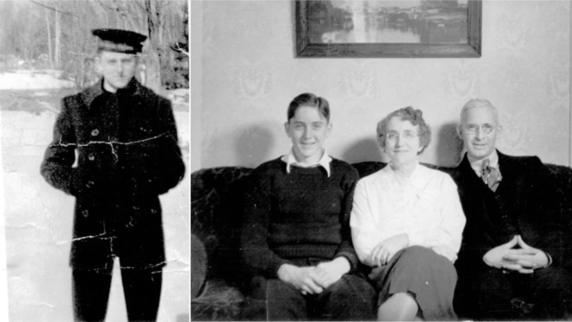 Edwin Hopkins, left, sits with his mother and father in an undated photograph prior to Hopkins joining the Navy.