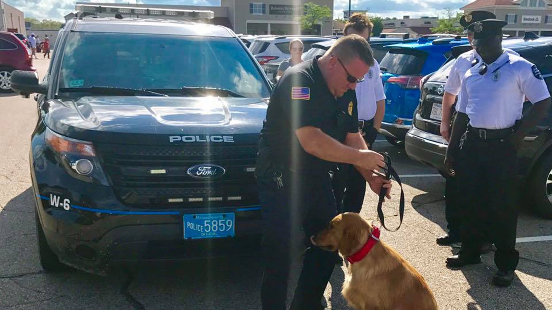 Police rescued a dog that was left in a car at a Massachusetts outlet mall.