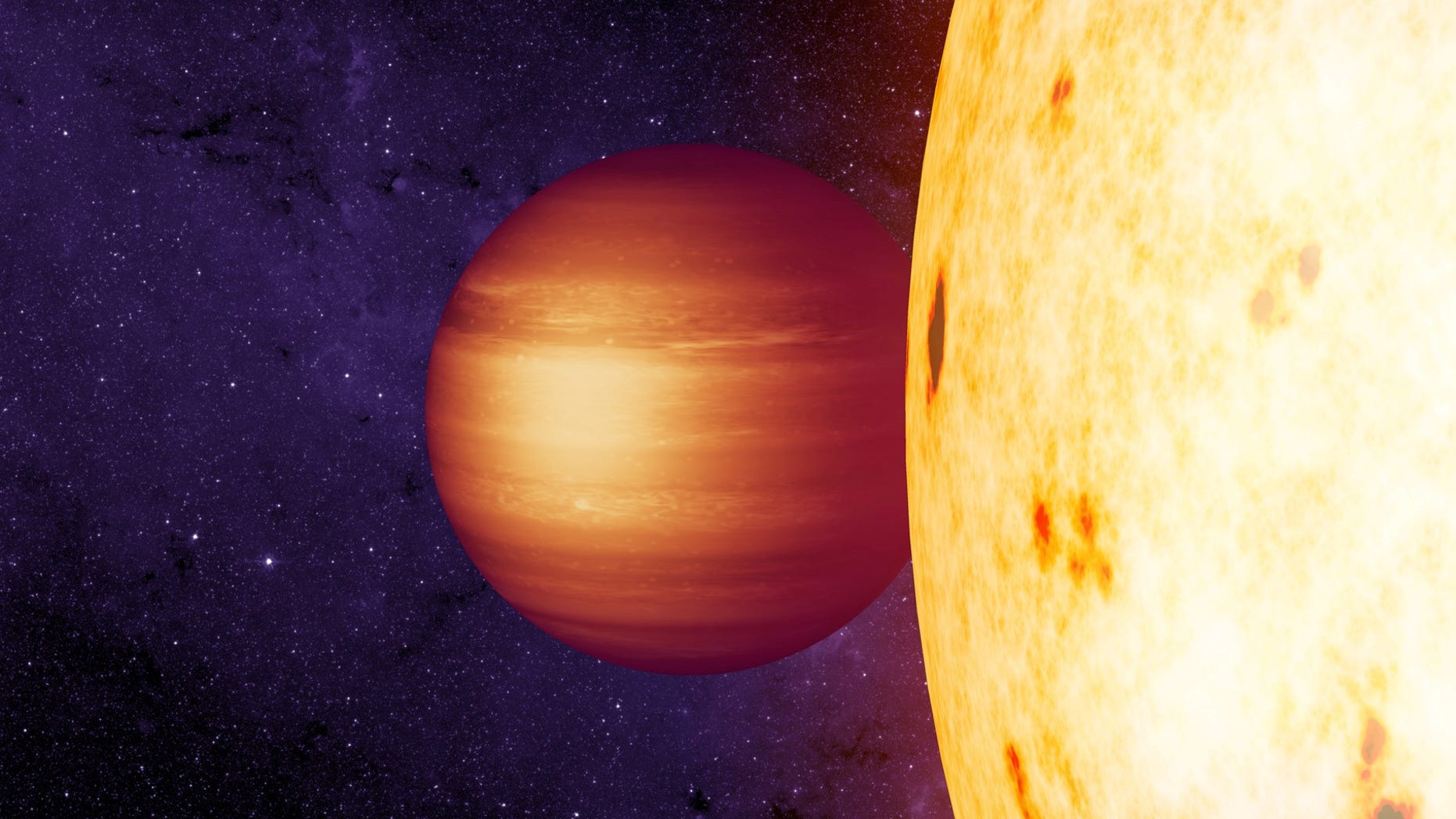 An artist's illustration of the hot Jupiter exoplanet CoRoT 2b, which has a strange westward-blowing hotspot in its atmosphere, scientists say.