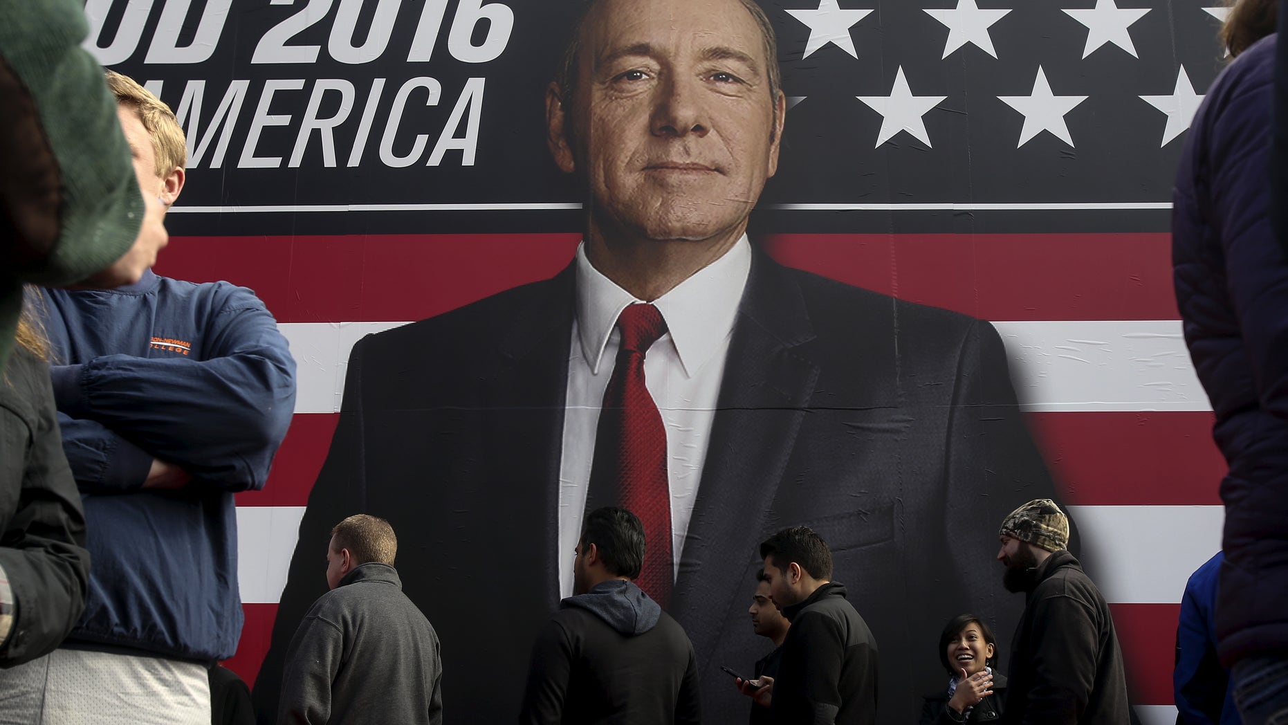 People line up outside a "House of Cards" guerrilla marketing campaign in Greenville, South Carolina, February 12, 2016. Actor Kevin Spacey plays the role of Frank Underwood in the Netflix series