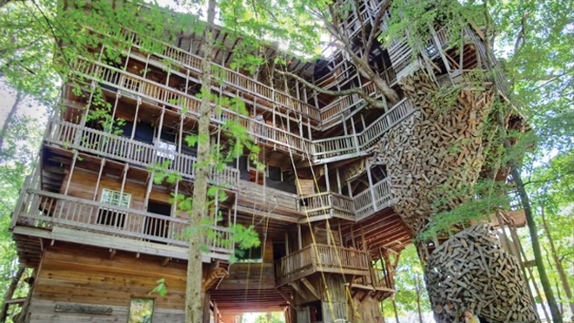 The treehouse stands 97 feet in the air and is built on six load bearing trees.