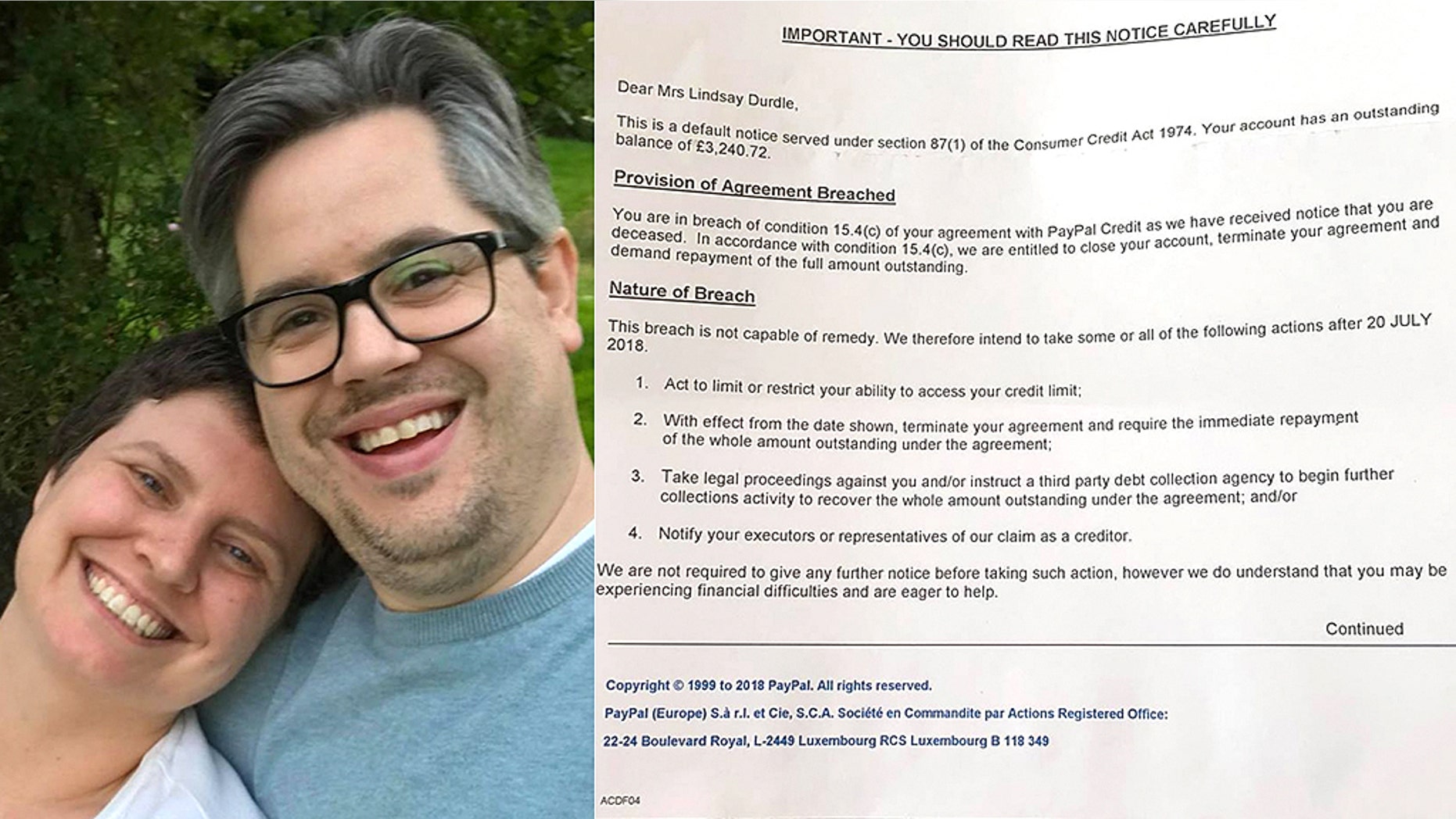 PayPal sent the letter, seen below, to Lindsay and Howard Durdle.