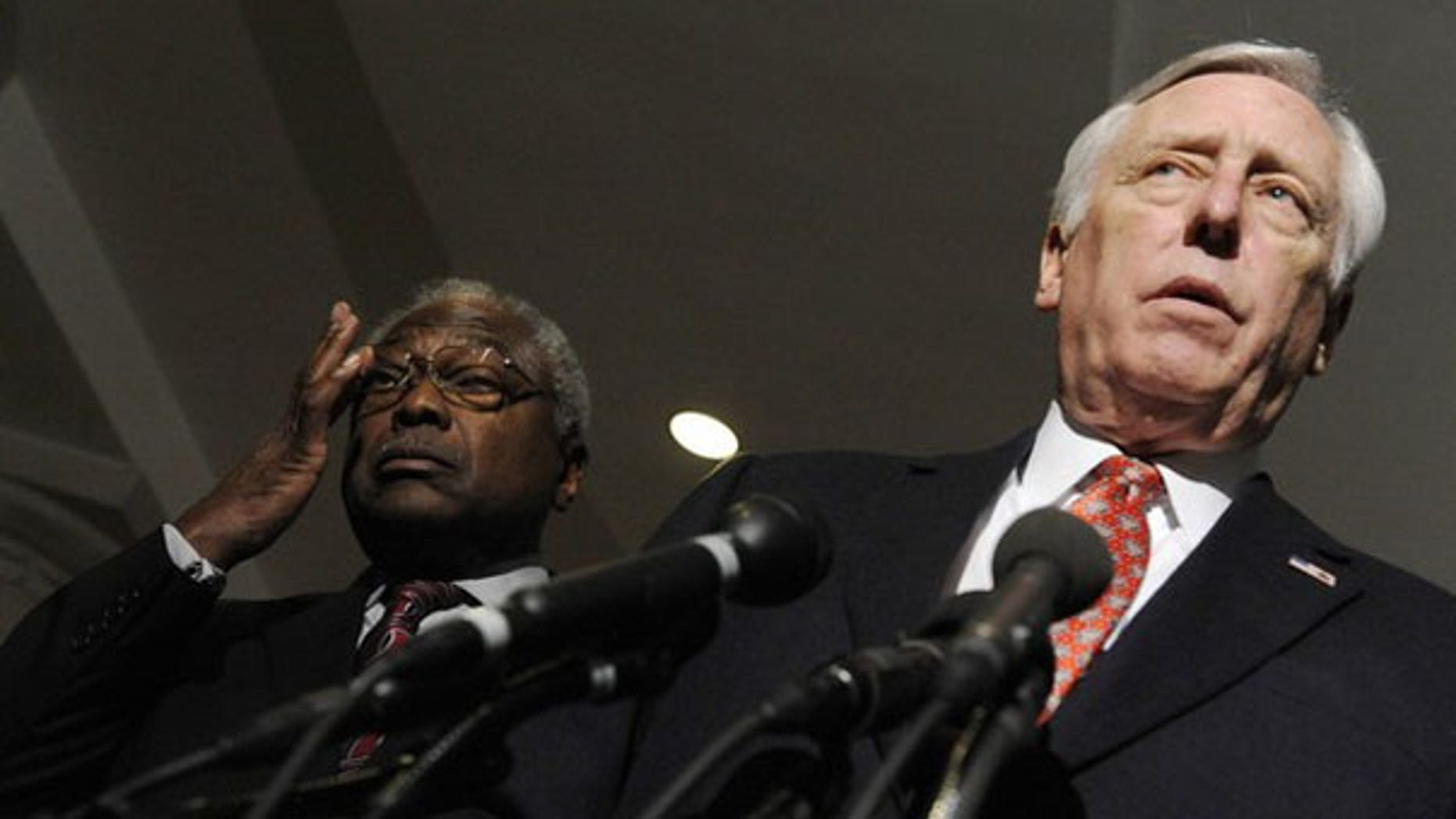 House Majority Leader Steny Hoyer, right, and Majority Whip James Clyburn speak to reporters at the U.S. Capitol March 20. (Reuters Photo)