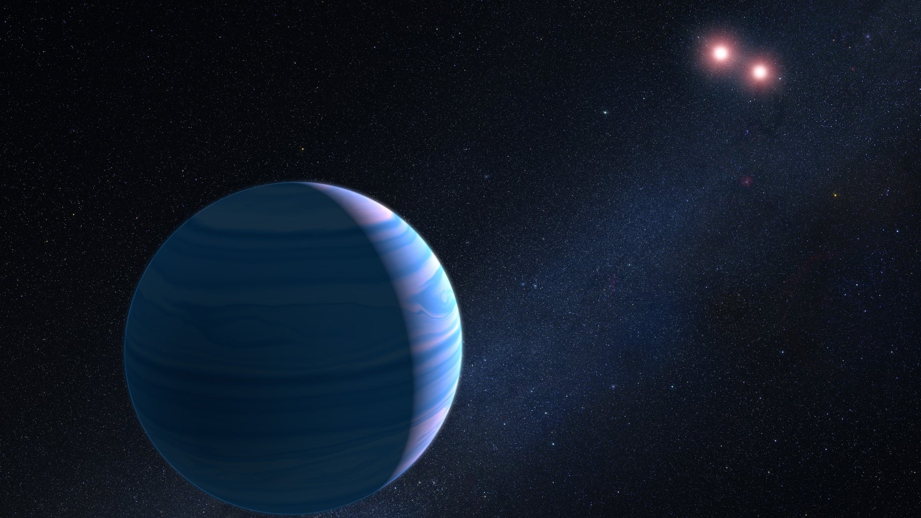 This artist's illustration shows a gas giant planet circling a pair of red dwarf stars in the system OGLE-2007-BLG-349.