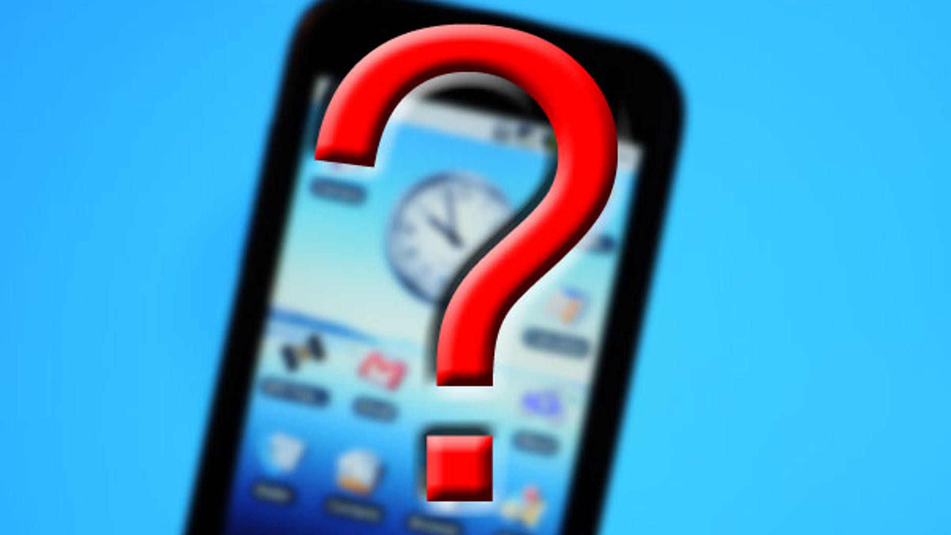 The desktop on a smartphone with a touchscreen, various applications, and an analog clock on the screen. There is a solid blue background.
