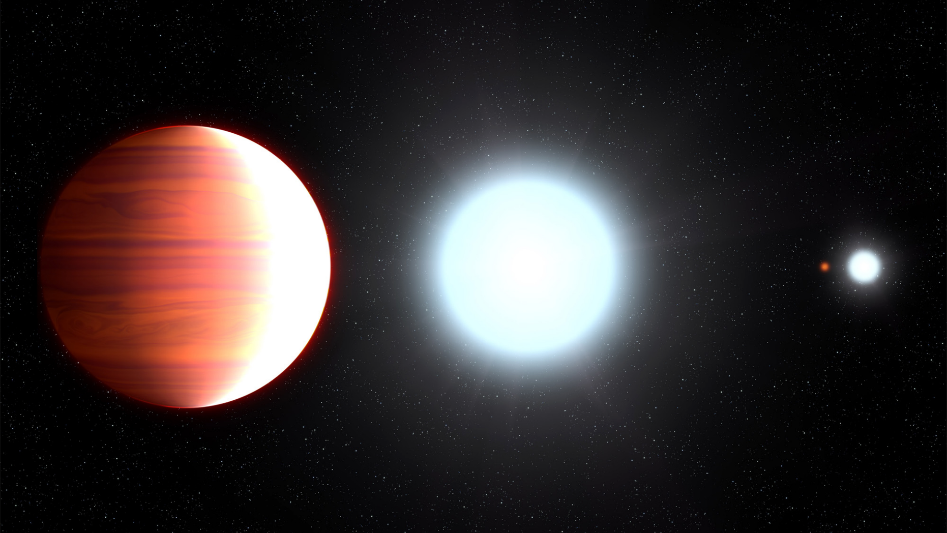 Artist’s illustration showing the scorching-hot exoplanet Kepler-13Ab, which circles very close to its host star, Kepler-13A. In the background is the star's binary companion, Kepler-13B; the third member of the multiple-star system is the orange dwarf star Kepler-13C.