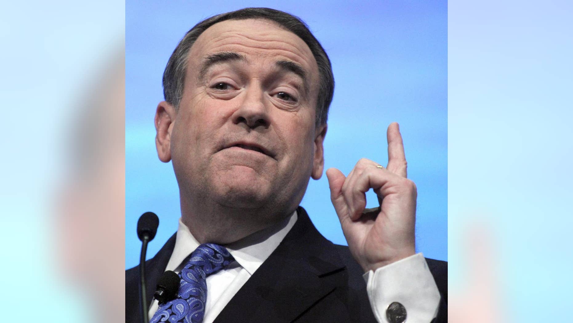 Former governor of Arkansas, Michael Huckabee addresses the National Rifle Association's 140th annual meeting, Saturday, April 30, 2011 in Pittsburgh. (AP Photo/Keith Srakocic)
